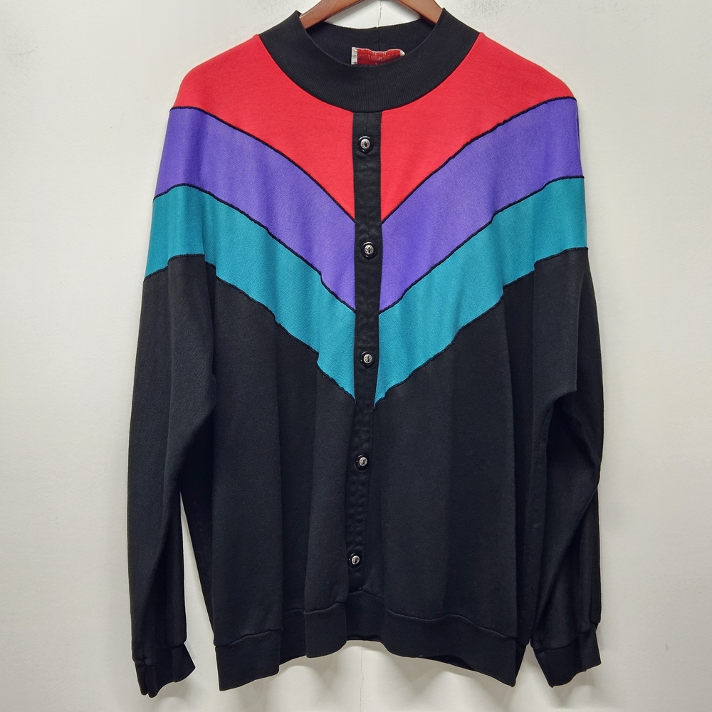 Vintage Young Stuff Colorblock Chevron Pullover Sweatshirt Buttons Detailed 90s